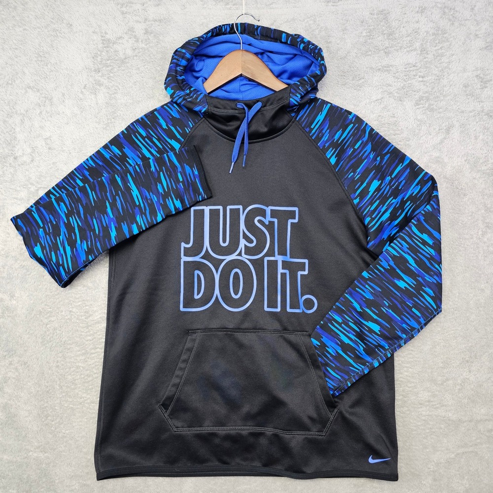 Nike‎ Therma-FIT Just Do It Hoodie Men's Large Slim Black Blue Athletic Pullover